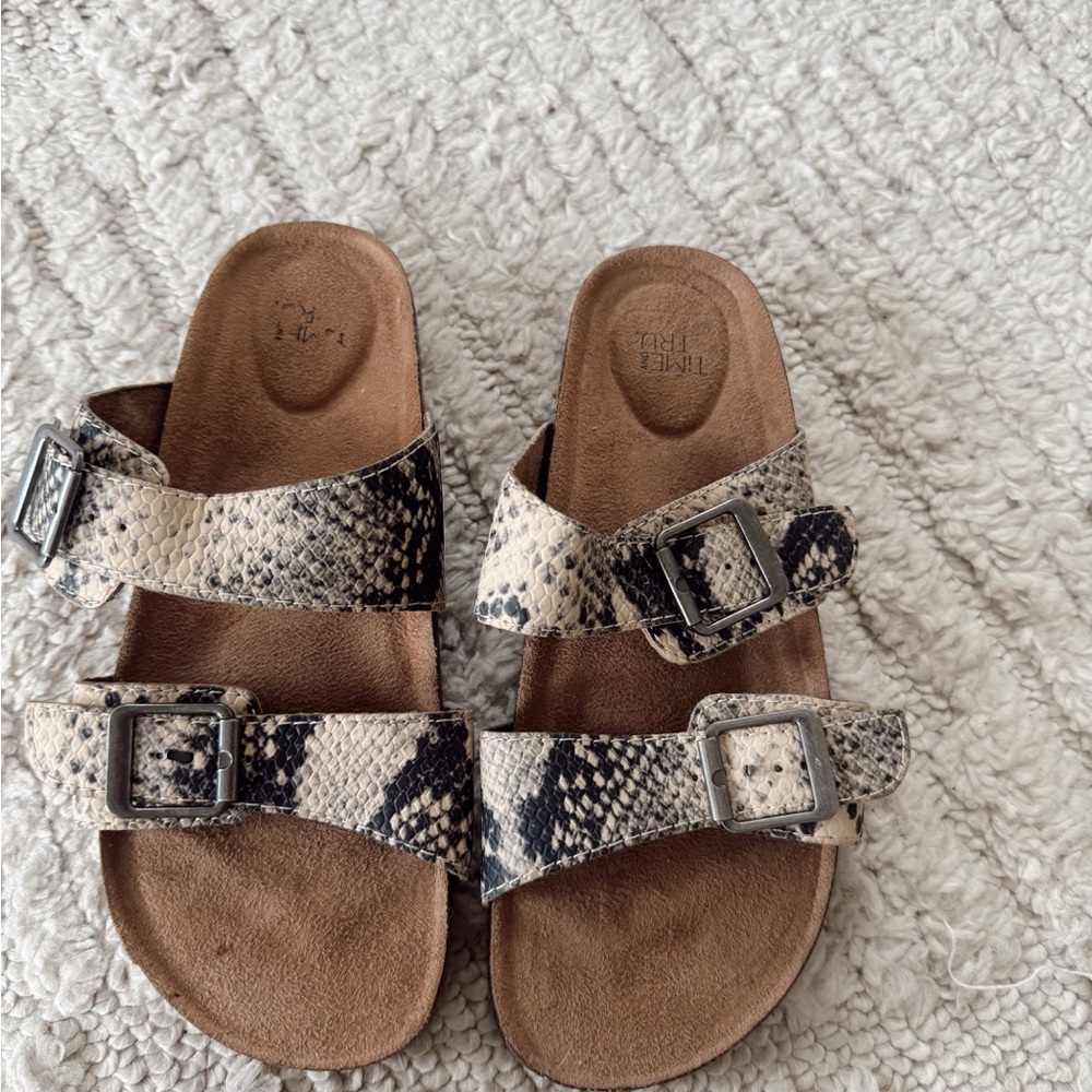 Time and Tru Snake Print Sandals - Black and Tan